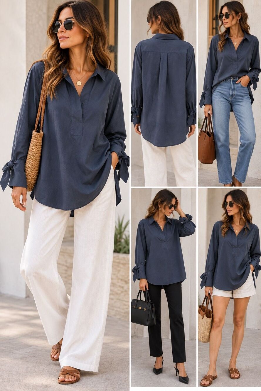Talbots 3X Navy Tunic Blouse Long Sleeve Tie Cuff V Neck Minimalist Career